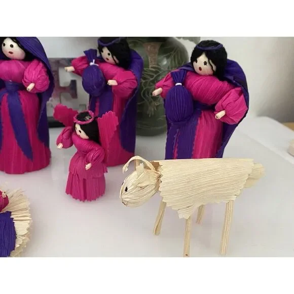 10 Piece Handmade Vtg Christmas Nativity Set Corn Husk 5" Dolls Roatan Honduras - Picture 14 of 16